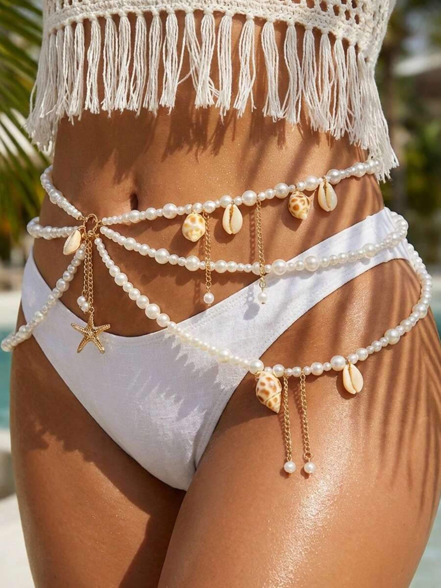 Body Jewelry Beach - Three-layer beaded waist chain with pearls